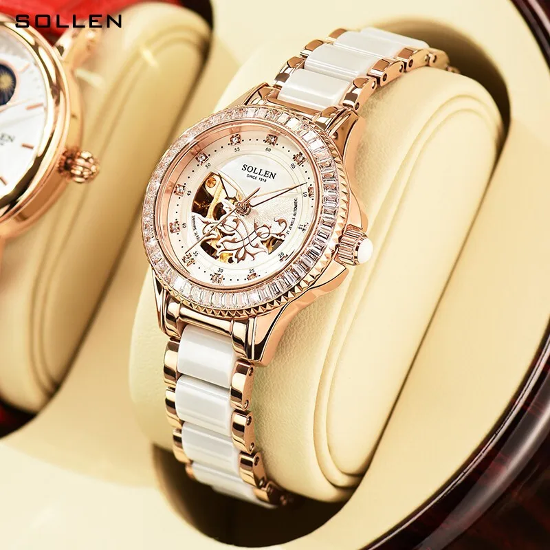 SOLLEN Fashion Watch Women's Fully Automatic Mechanical Watch Ceramic Strap with Diamond Inlaid Women's Watch