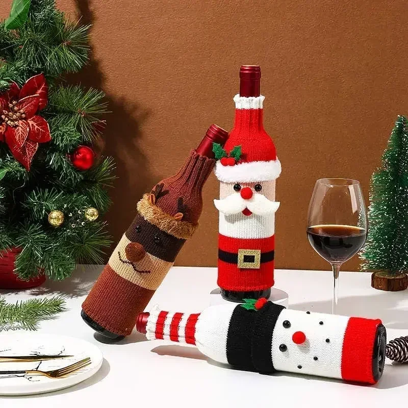 Christmas Wine Bottle Cover Set Santa Snowman Woven Wine Bottle Bags for Christmas Party Dinner Table Decorations New Year Gifts