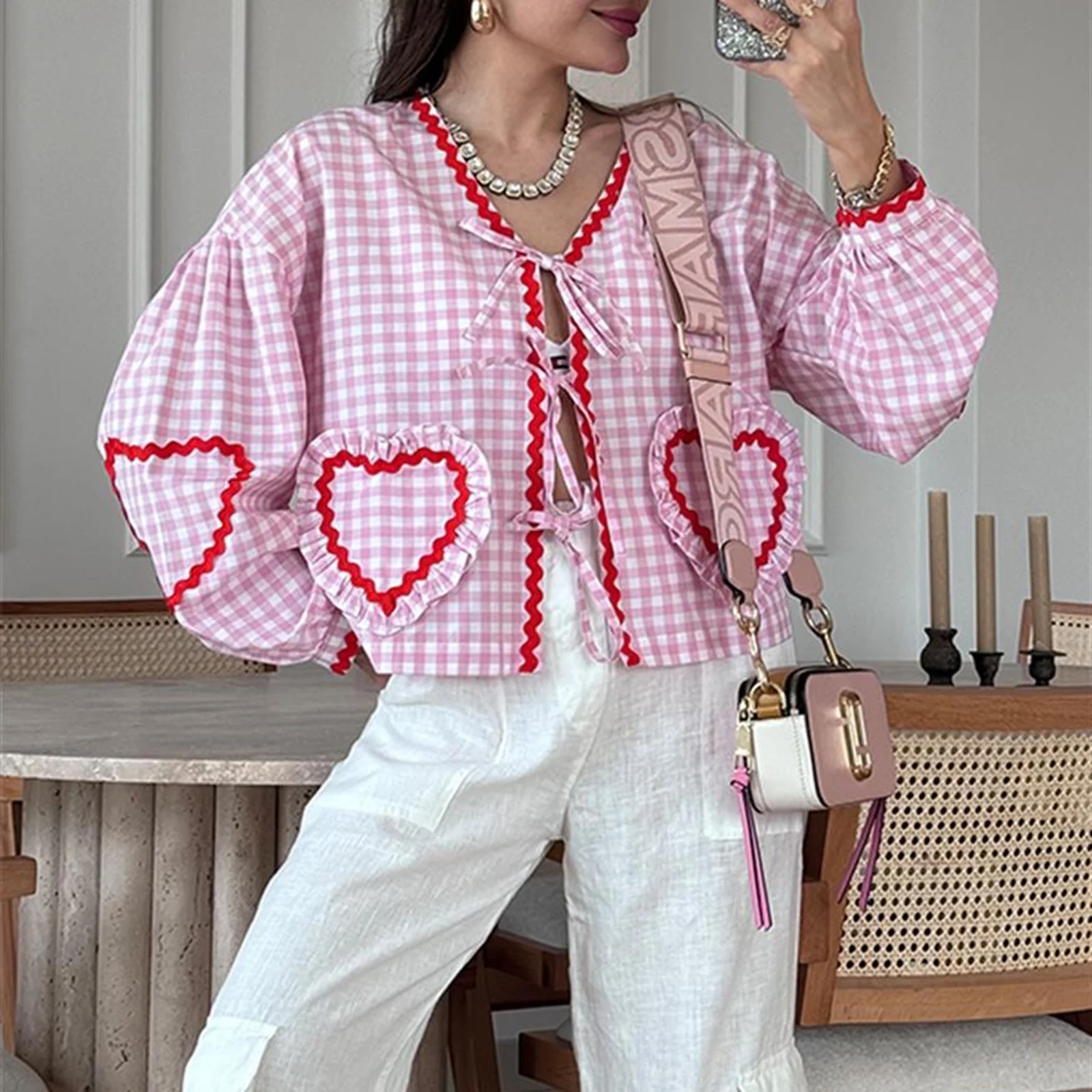 Women’s Tie-up Front Plaid Print Tops Long Sleeve V Neck Babydoll Shirts Blouses with Heart Pockets