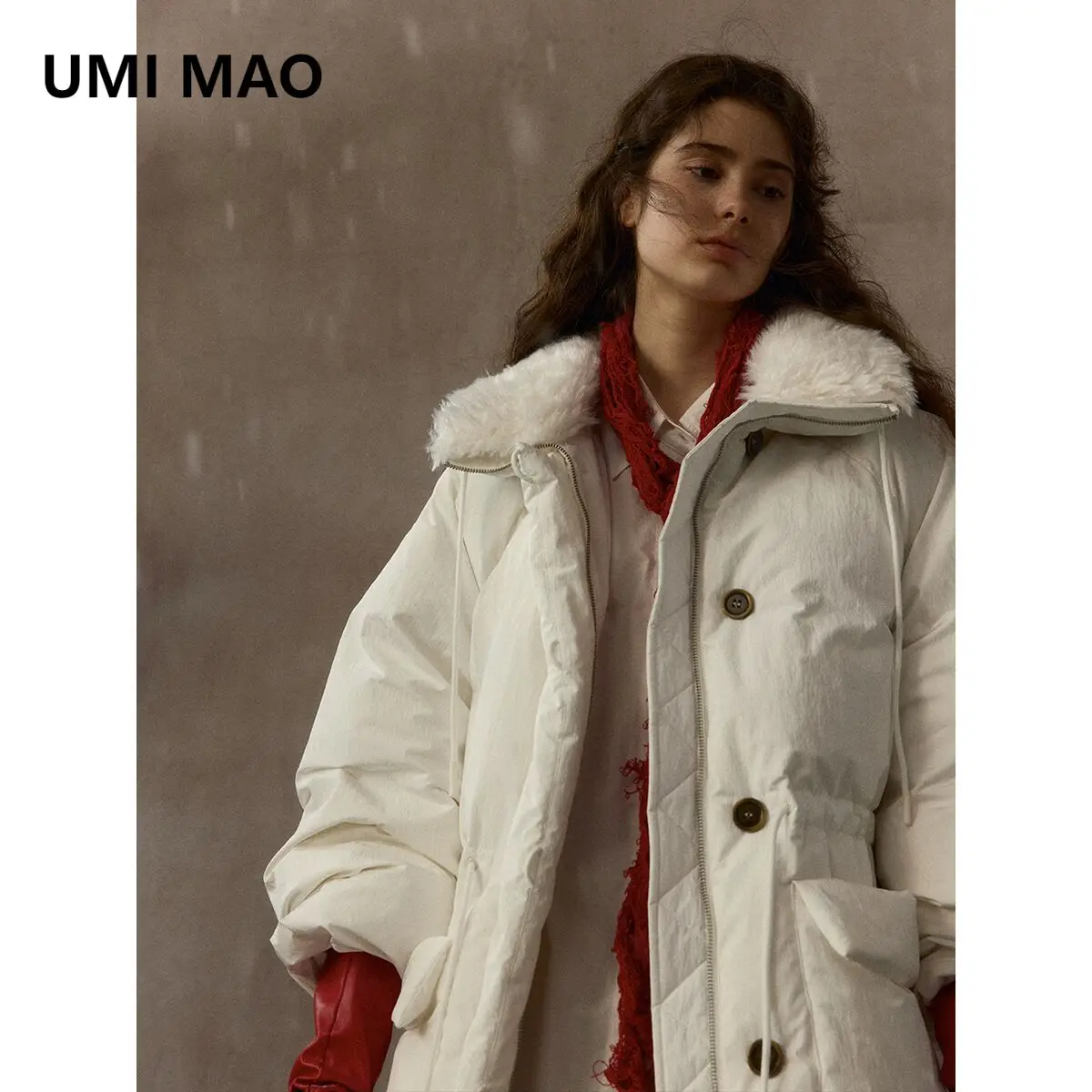 UMI MAO High-Count Fine Cotton Slightly Wrinkled Texture Detachable Fur Collar Parka Warm Down Jacket Coat For Women