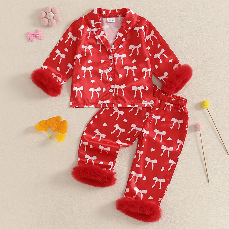 Toddler Girl Pajamas Valentines Day Baby Silk Satin Nightgown Little Kids Girls Pjs Button Down 2 Piece Pajamas Set