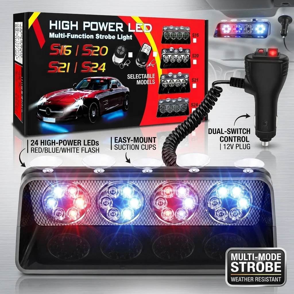 4 Head LED Suction Cup Emergency Strobe Light High Power Flash Warning Beacon with Wireless Remote for Car Truck Van SUV