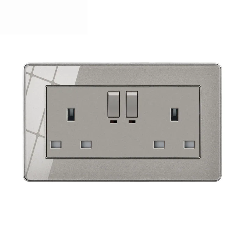 

13AX2 UK British standard Wall Socket,146mm*86mm Tempered Crystal Glass Panel,Power Outlet With LED Indicator and Switch