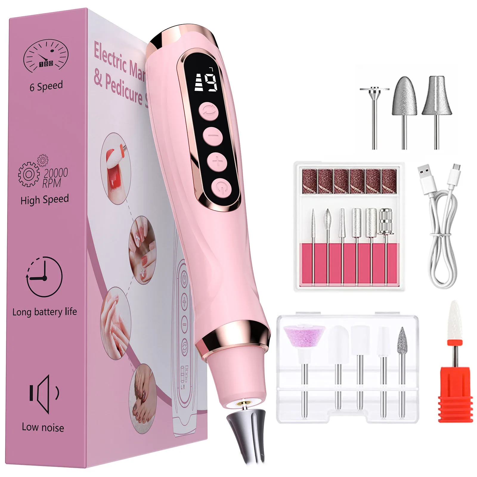 Electric For Nail Grinder with 6 Settings 20000 RPM Rechargeable for Acrylic For Gel For Nails Pink Purple Red