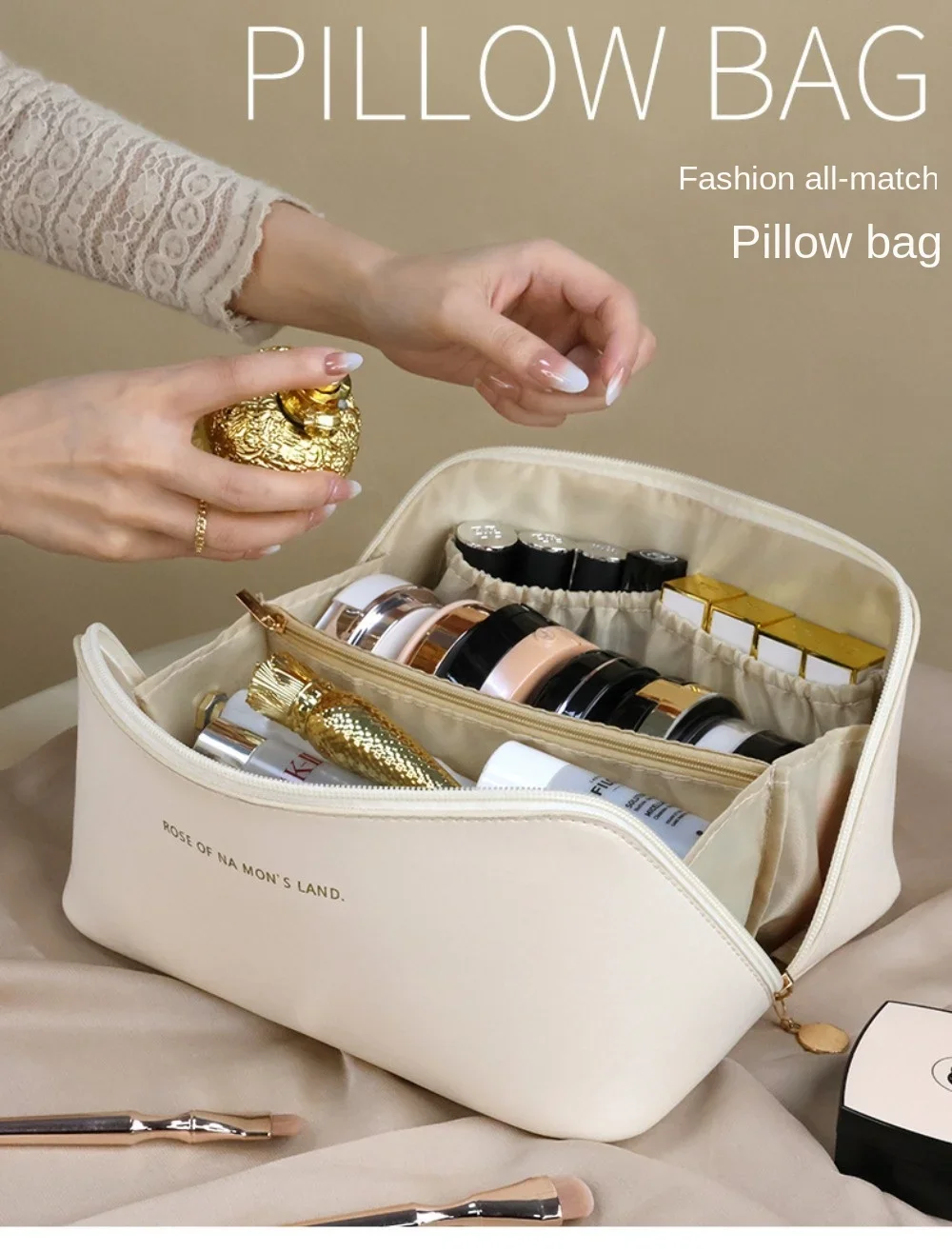 PU Pillow Cosmetic Bag Large Capacity Cosmetic Storage Bag Convenient Travel Wash Bag 1pc