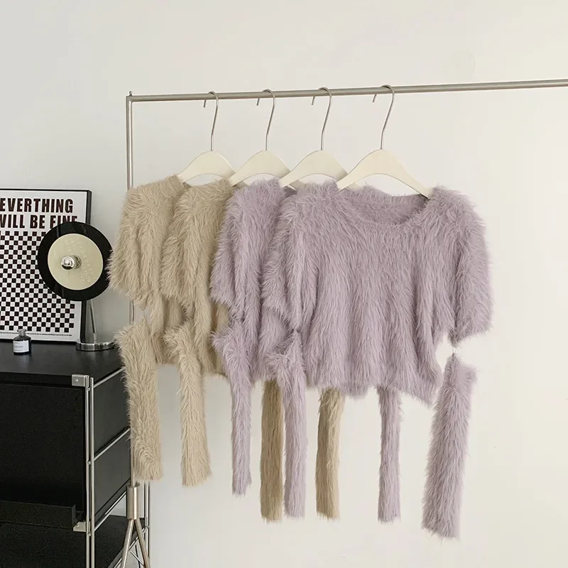 Fluffy Oversized Sweater Autumn Winter Women\'s Clothing Y2k Streetwear Mink V-neck Soft Pullover Jumper Loose Long Sleeve Tops