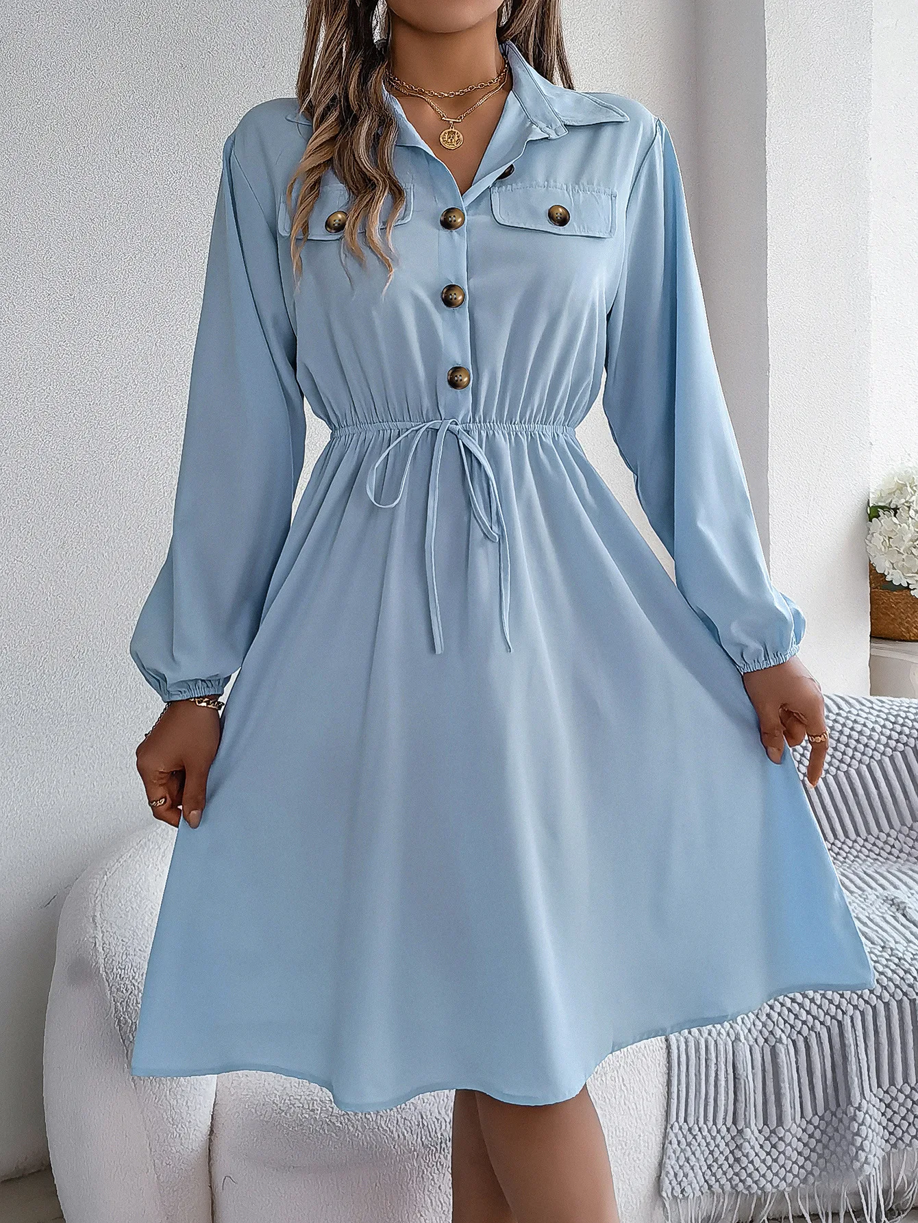 Autumn Dresses For Women Casual Solid Color Cinched Waist Long Sleeve Collar Dress For Spring & Fall Long Sleeved Shirt Dress