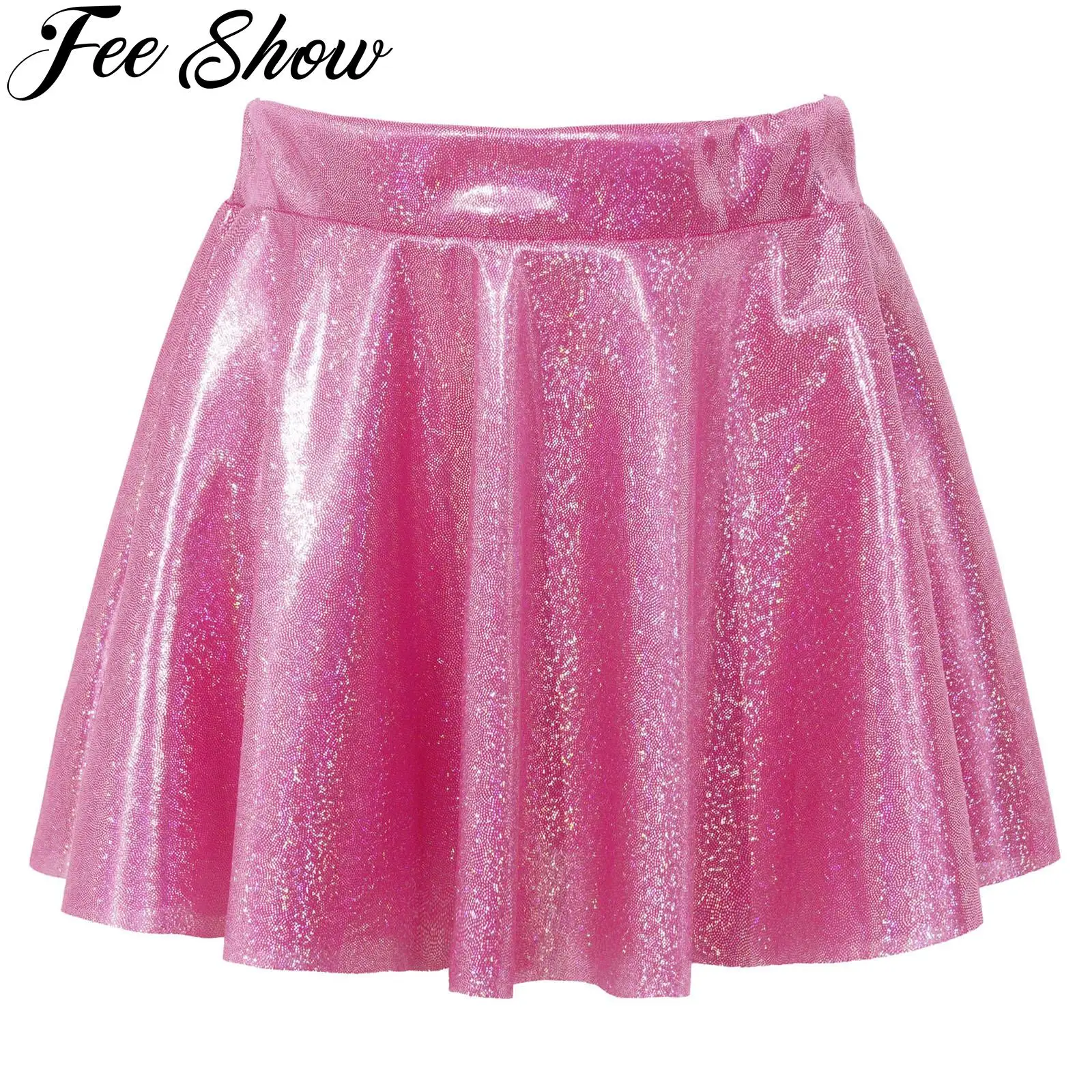 Kids Girls Shiny Sequins Pleated Skirts Skating Hip Hop Jazz Dance Performance Costume Elastic Waistband Dance Athletic Skirt