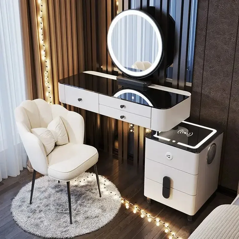 

Modern Dressing Table with Smart Wireless Charging Luxury Bedroom Multifunctional Makeup Table with Chair Sound Cloud Led Mirror