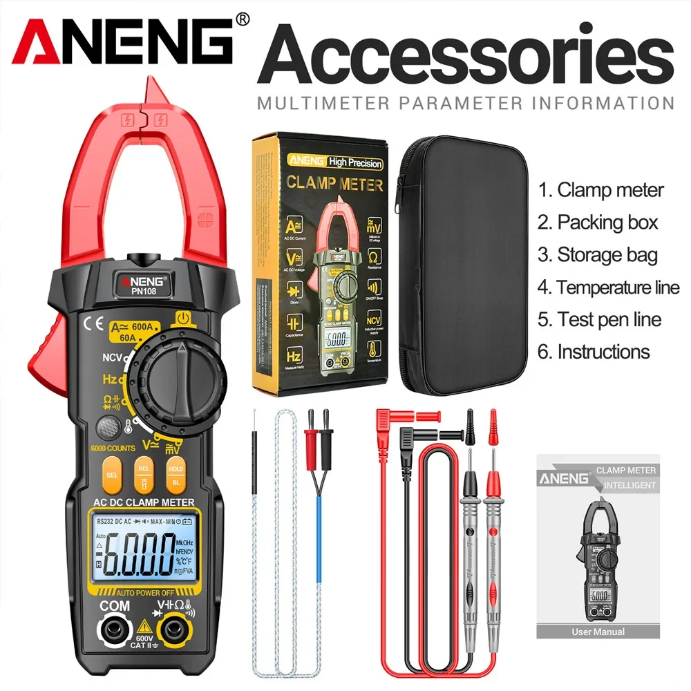 

Clamp Meter Multimeter 6000 Counts AC/DC Voltage Tester ANENG PN108 600A Current Resistance Capacitance High Precision Test Tool