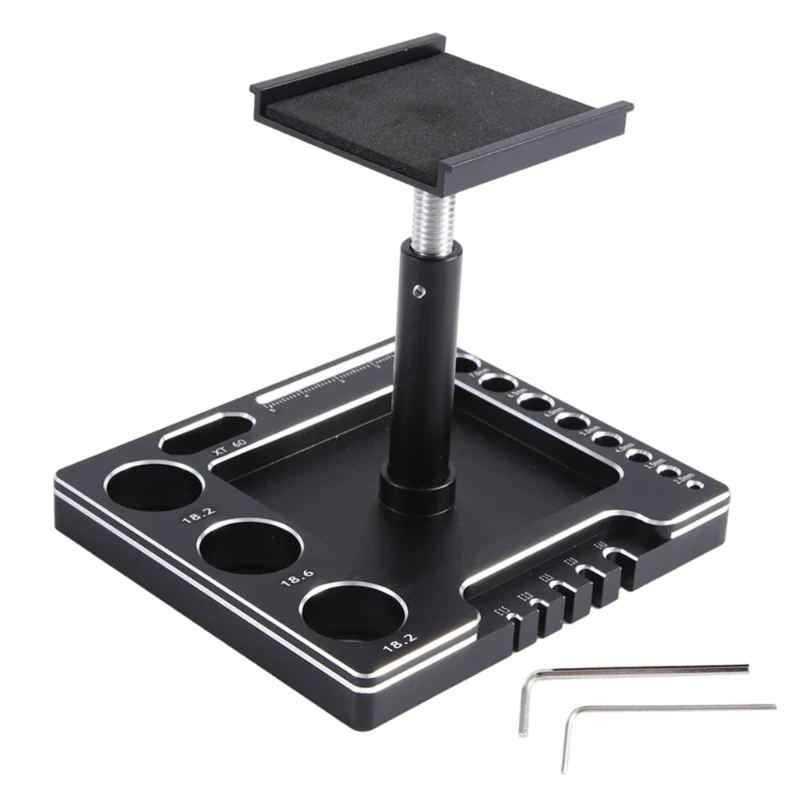 Remote Control Car Work Stand Aluminum Repair Workstation 360 Degree Rotation Lift Lower with Screw Tray for 1/12 1/16 Scale
