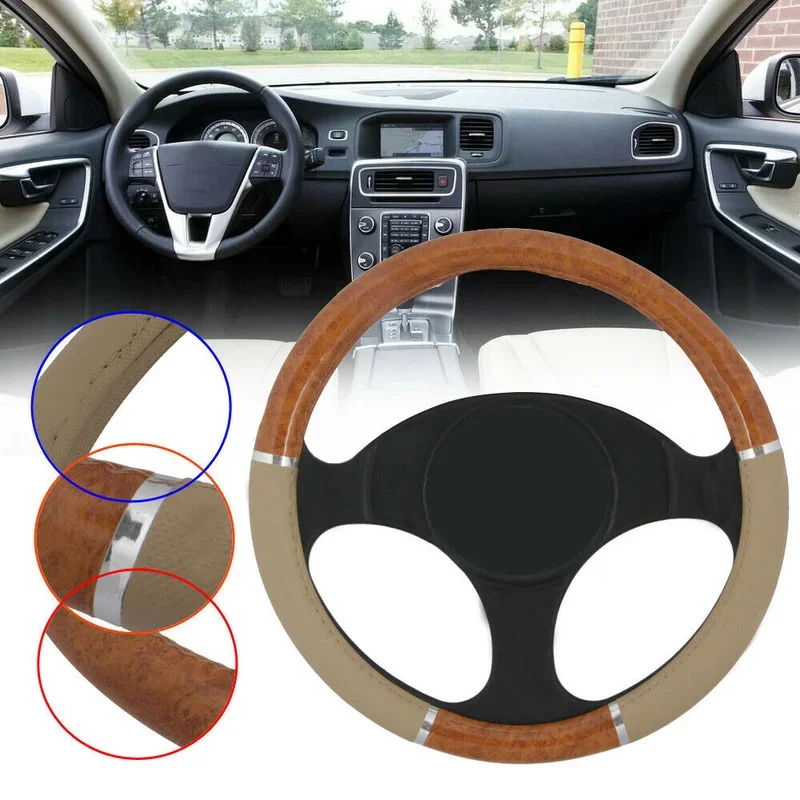 Pokrowiec na kierownicę z drewna do tuningu samochodów SUV Lux Grip PU Leather Uniwersalne części do wnętrz w stylu vintage Akcesoria samochodowe — zdjęcie 5