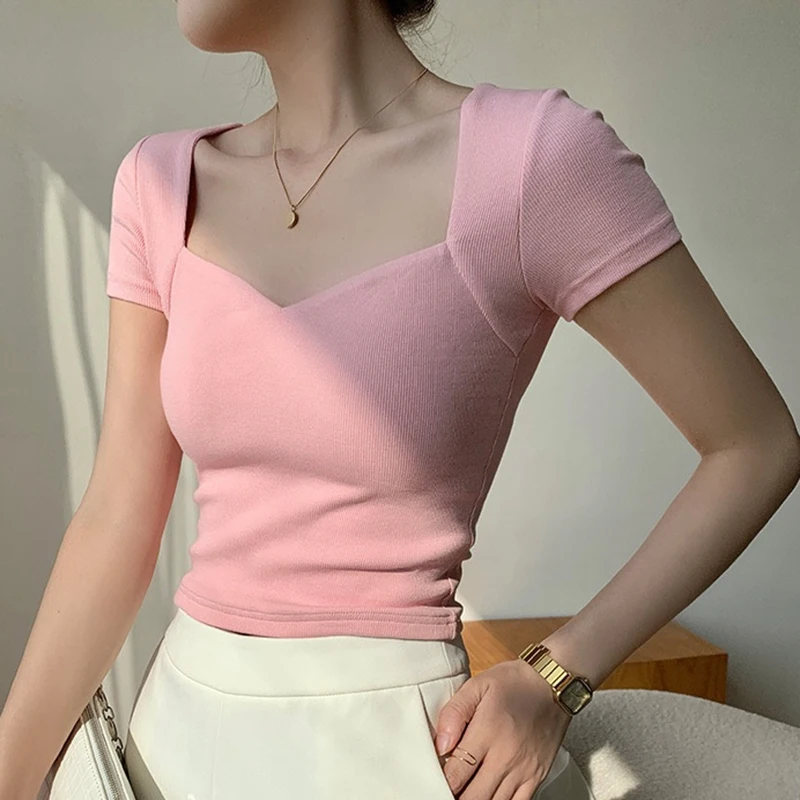 Women Square Neck Rib Crop T-shirt Summer Short Sleeve Crop Top Ladies Sexy Solid Color Short Tops Basic Black Tee Shirt