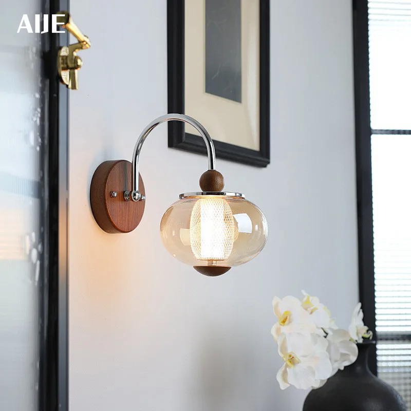 

French Retro Bedroom Bedside Wall Lamp With Glass Globe Lampshade For Living Room Home Decor Vintage Wood Wall Lamp