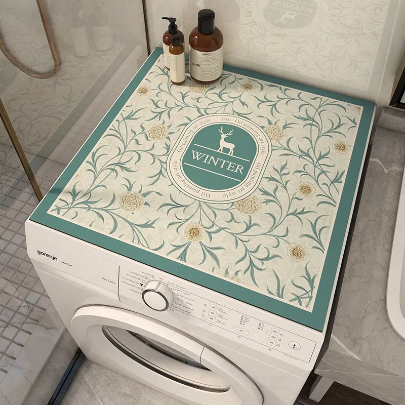 VIKAMA Winter Deer Floral Washing Machine Top Mat Teal Vine Frame Text Waterproof Anti Dust Laundry Dryer Surface Pad Dust Cover