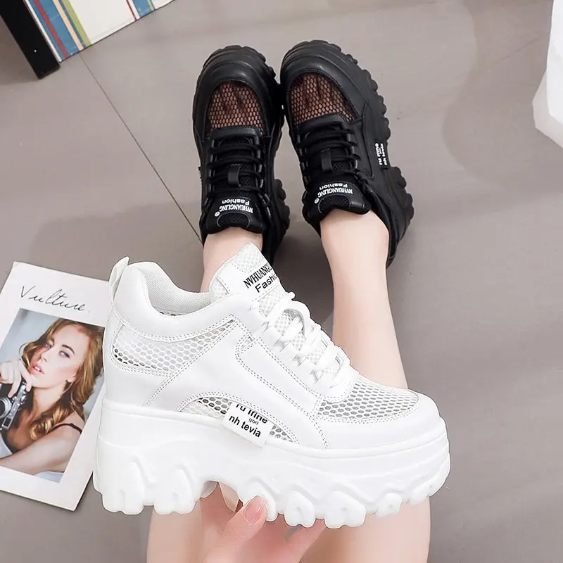 Breathable Mesh Chunky White Sneakers Women Summer 2024 Hollow Out Mesh Platform Sandals Woman Height Increased Casual Shoe 10CM