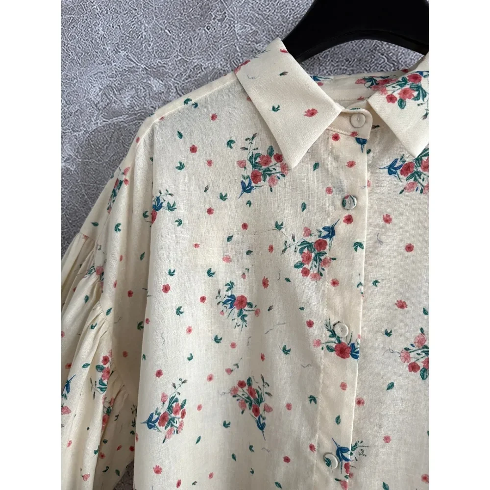 

Beige Long Sleeve Lantern Sleeve Floral Print Blouse Tops and Shorts 2025 Linen
