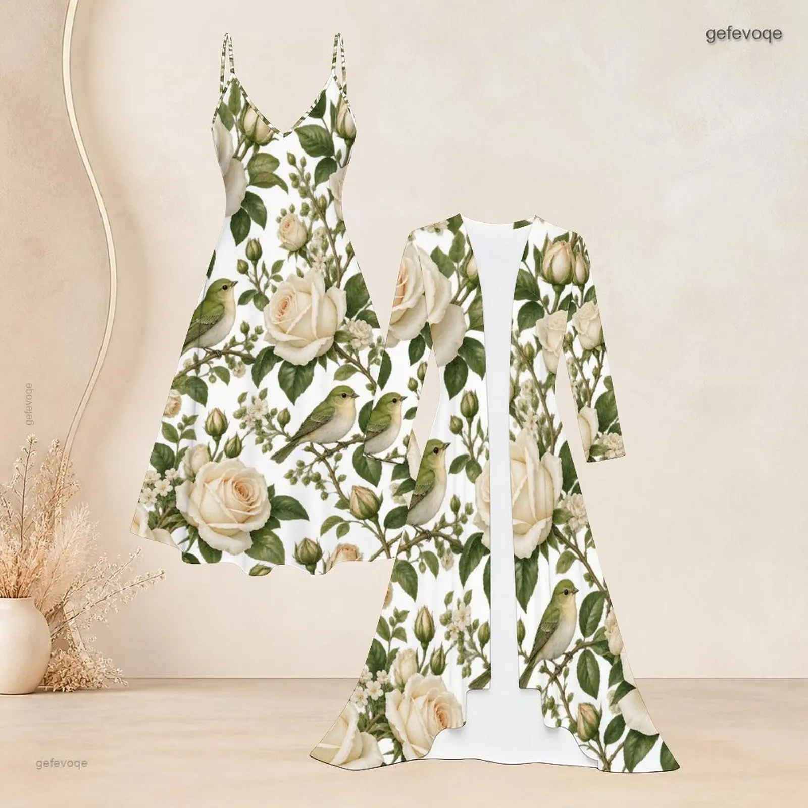 Women Printed Cream Rose Green Leaf Small Bird Strappy Dress and Long Open Front Cardigan Two Piece Set