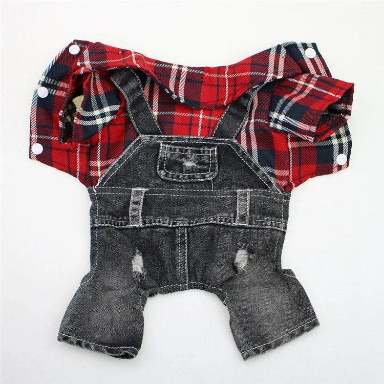 Black Dog Denim Jumpsuit Plaid Shirt Overalls for Dogs, Spring Clothes for Small Dogs Puppy Yorkie Jeans Jacket Pet Apparel