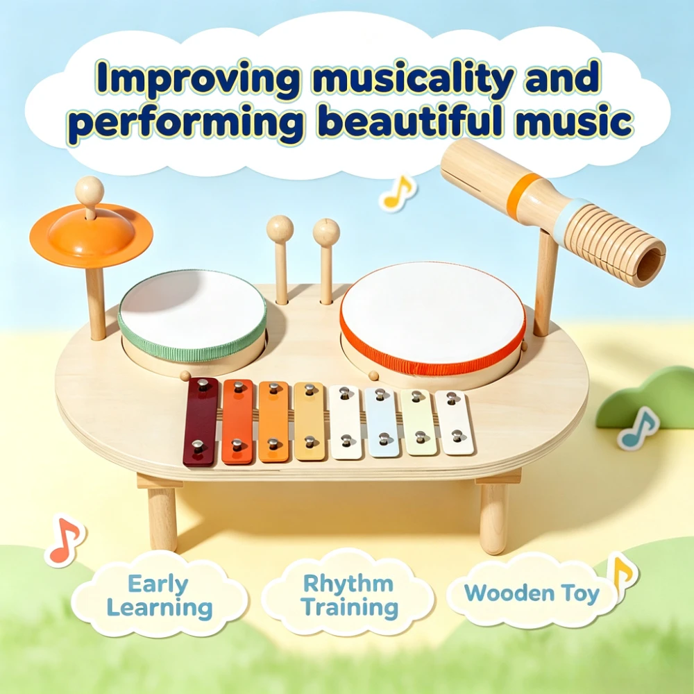 Multi Functional Wooden Musical Instrument Table Xylophone Drum Cymbal Percussion Kit Rhythm Training Interest Toy