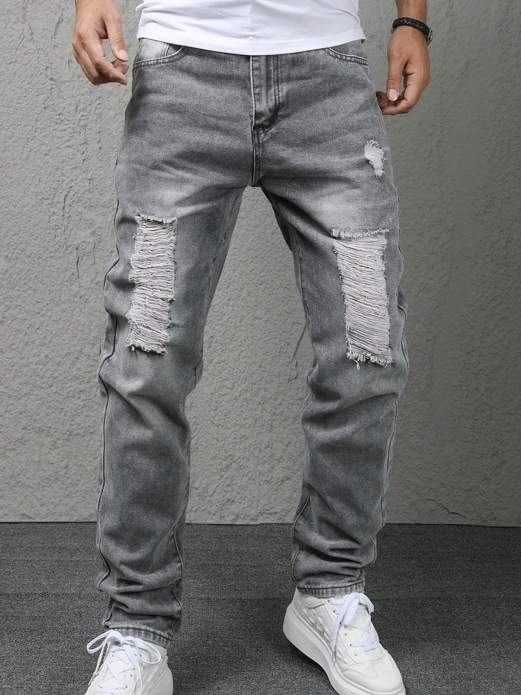 

Youth Men's Distressed High Street Trend Slim Fit No Elastic Small Foot Pants Grey Jeans Long Trousers