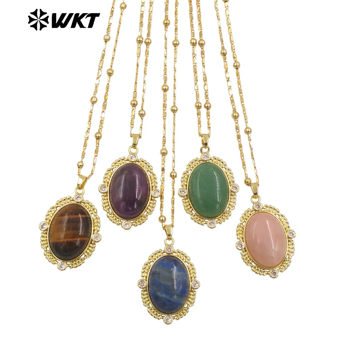 

WT-N1474 Amazing 18K Real Gold Plated Resist Tarnishable Natural Gemstone Bezel Setting Oval Shape With Zircon Stone Necklace