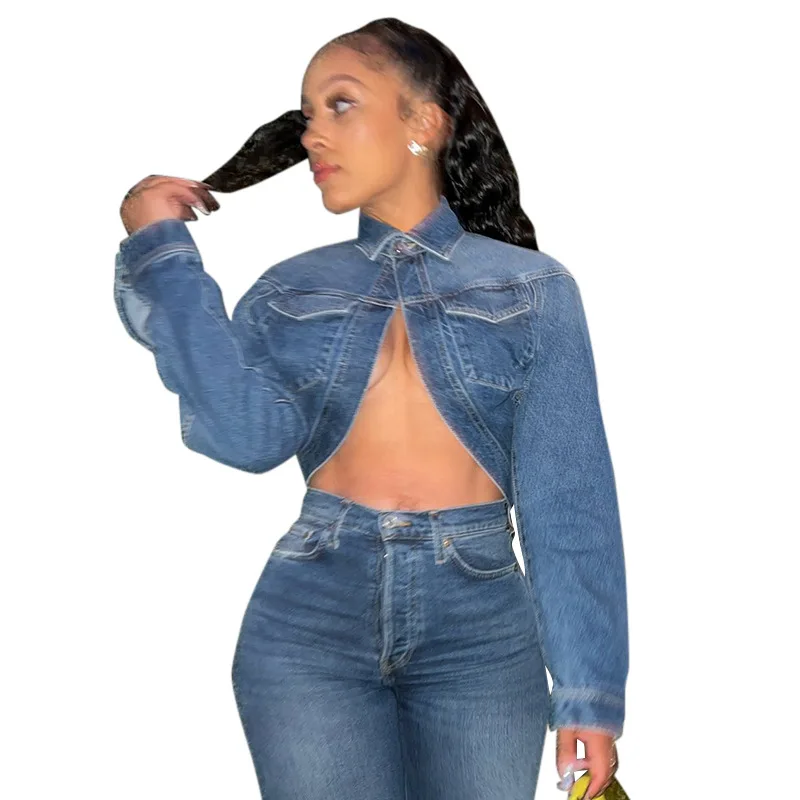 

Casual Denim Jacket for Women Long sleeves Pockets Short Sexy Top Turn-down Collar Coat Girls