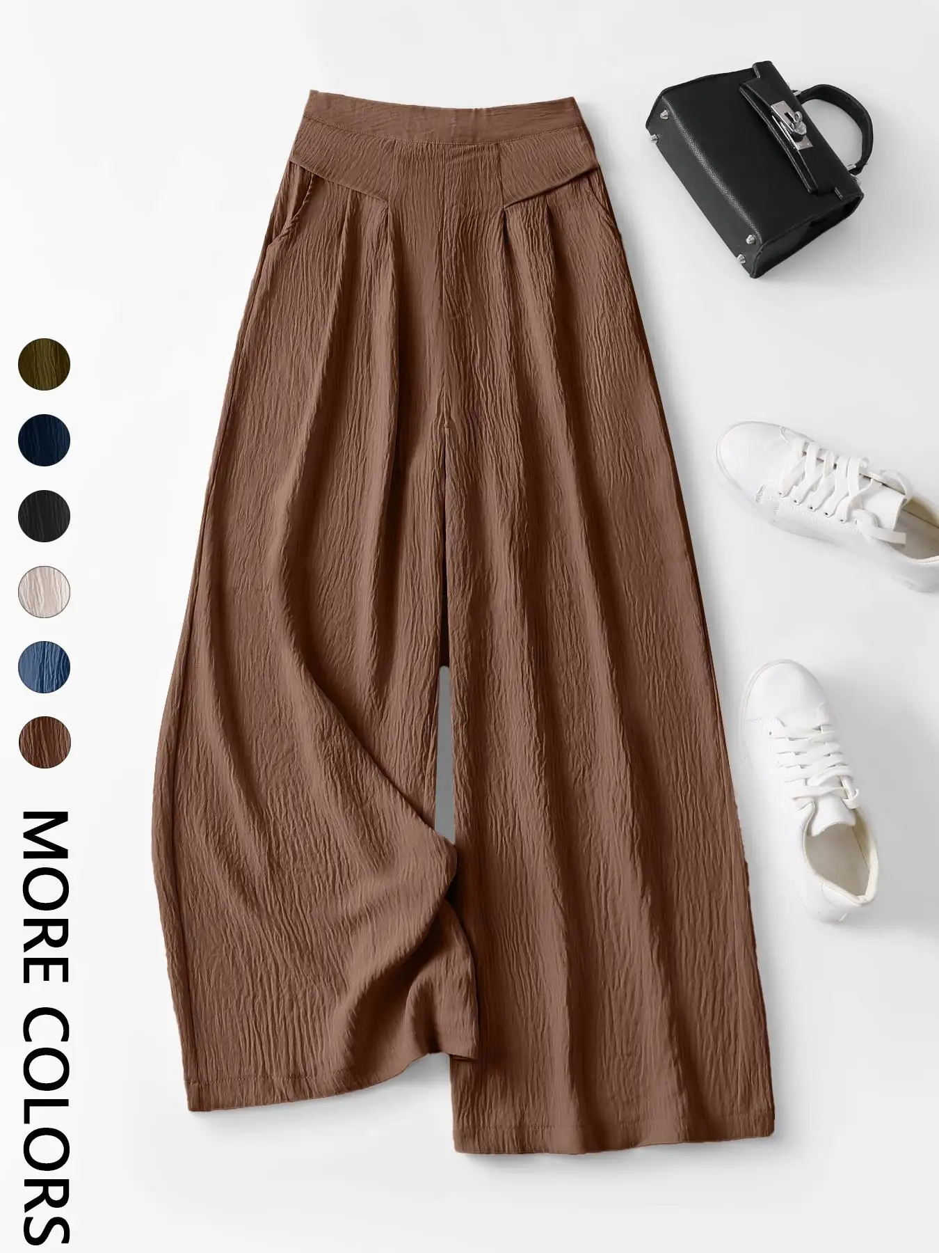 Women's High Waist Wide Leg Pants, Casual Boho Style, 3D Pleated Design, Skin-Friendly Comfort, Multiple Colors, S-Xxl