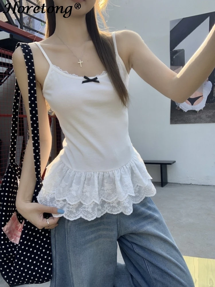 

Майка Horetong с бантом и двухслойным кружевным подолом, новинка 2025, женский комплектный топ без рукавов с внутренней стороны, женская мода, милые белые майки