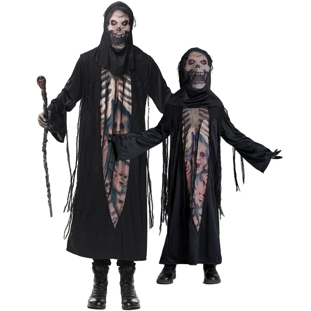 Family Matching Grim Reaper Costume Skull Robe Hooded Cape Staff Halloween Cosplay Scary Night Party Trick or Treat Outfit PS66
