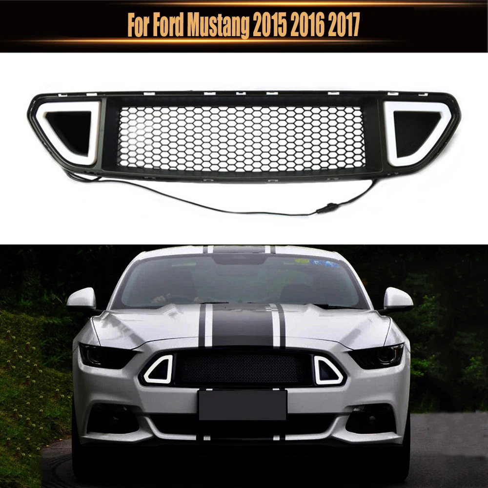 

For Ford Mustang 2015 2016 2017 DRL LED Front Grille Hood Bumper Mesh Grill Upper Grid With Led Light Body Kits Car Modified