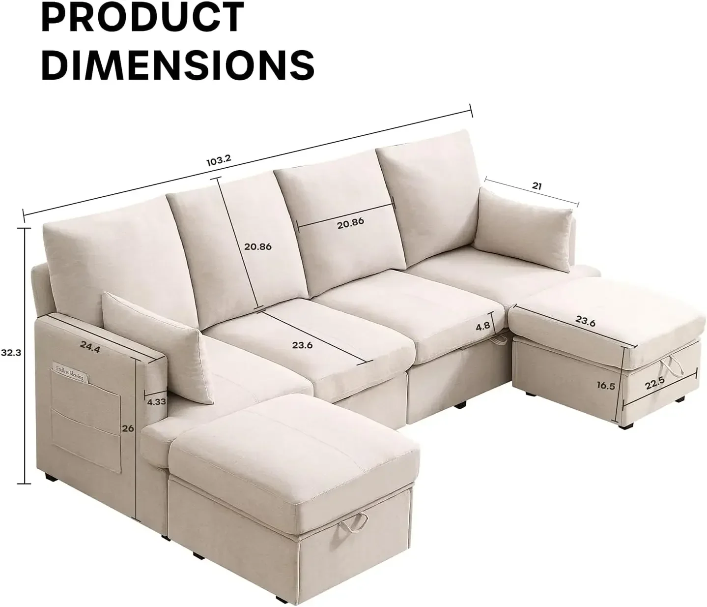 Sectional Couch, Convertible U Shaped Sofa , Modular Sectional with 2 Ottomans for Living Room, 6 Seat (103 Inch,Beige)