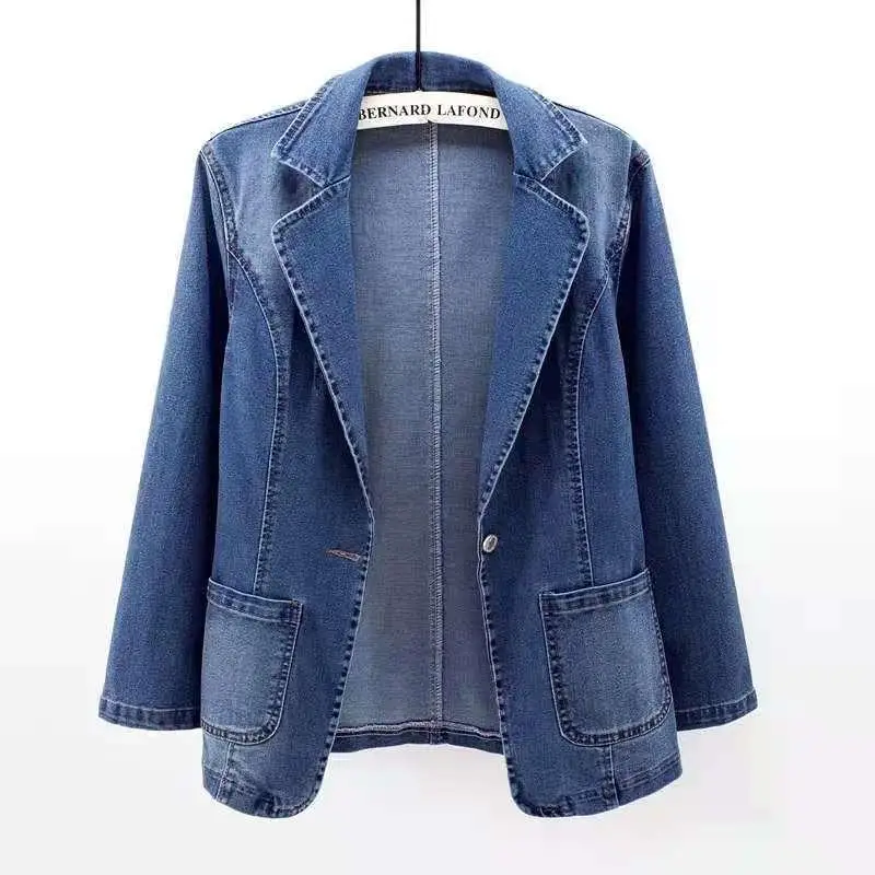 Women's Casual Denim Blazer Jacket Long Sleeve Lapel Button Loose Fit Jean Blazer with Pockets