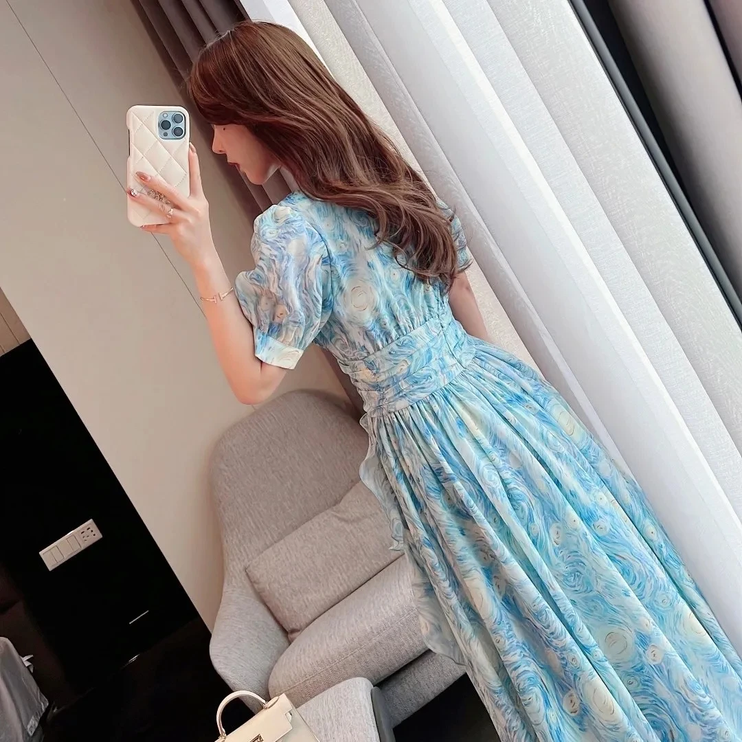 Formal Dresses For Women 2023 Summer New Slim Waist Blue Oil Painting Elegant Party Prom Long Dress Female Luxury Evening Robe