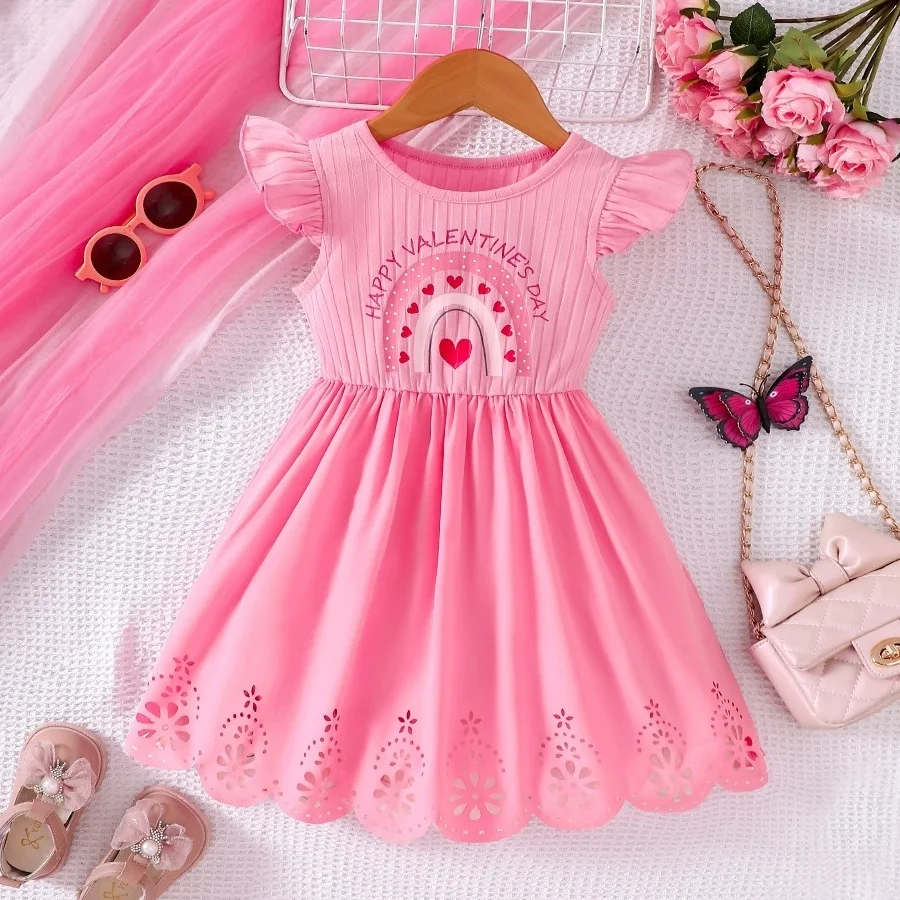 

Summer Girls Daily Outing Sleeveless Dress Pink Color Knee-Length Kids Girls' Dresses For 2 3 4 5 6 7 Years Baby Clothing
