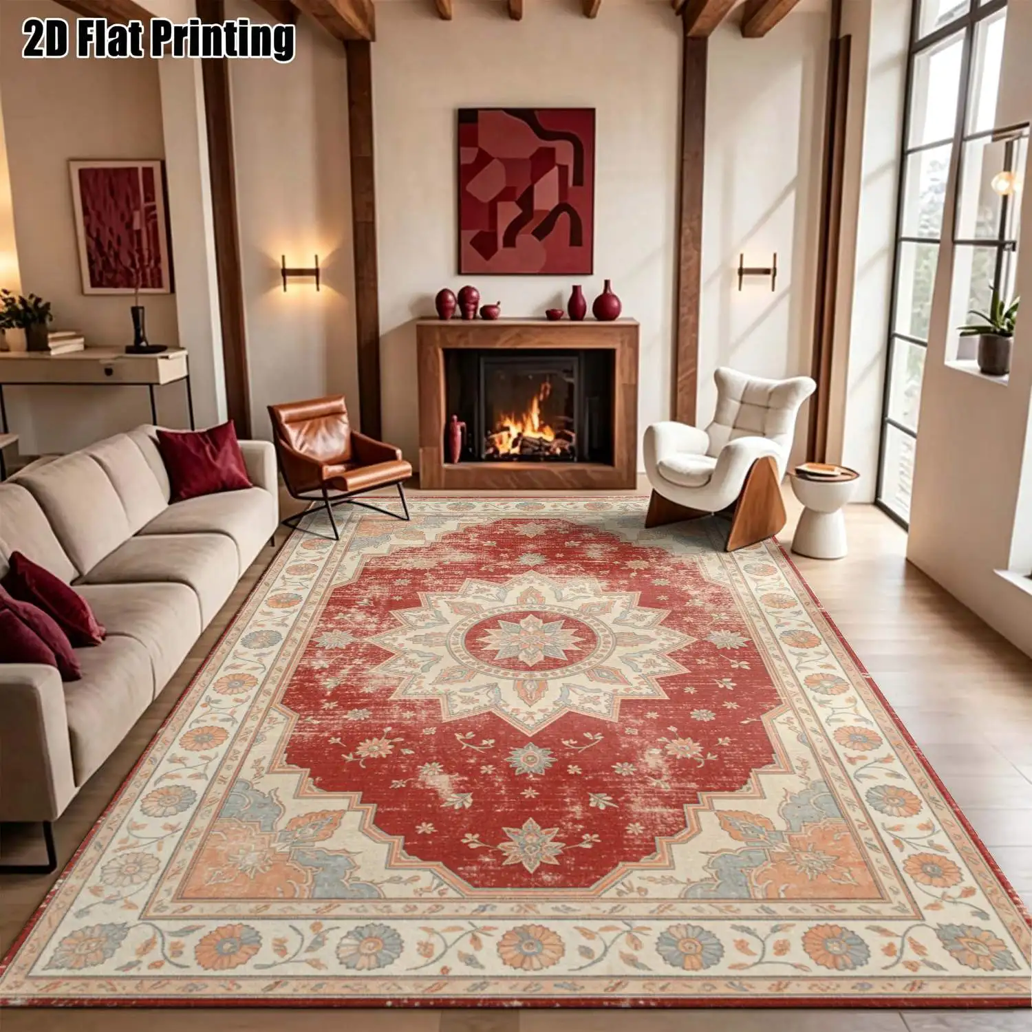 1Pc 2D Printed Retro Geometric Pattern Red Base Carpet: European, Bohemian Style, Home Decor, Multi-Size, Machine Washable, for Entrance, Living Room, Bedroom, Dining Room, Foyer