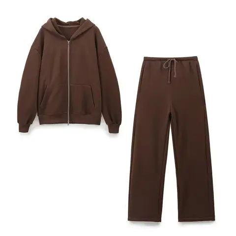 höstnya kvinnors trendiga avslappnade dragkedja dekoration huva långärmad sportjacka vida byxor 12 best sales Zara 2-delat set - №2