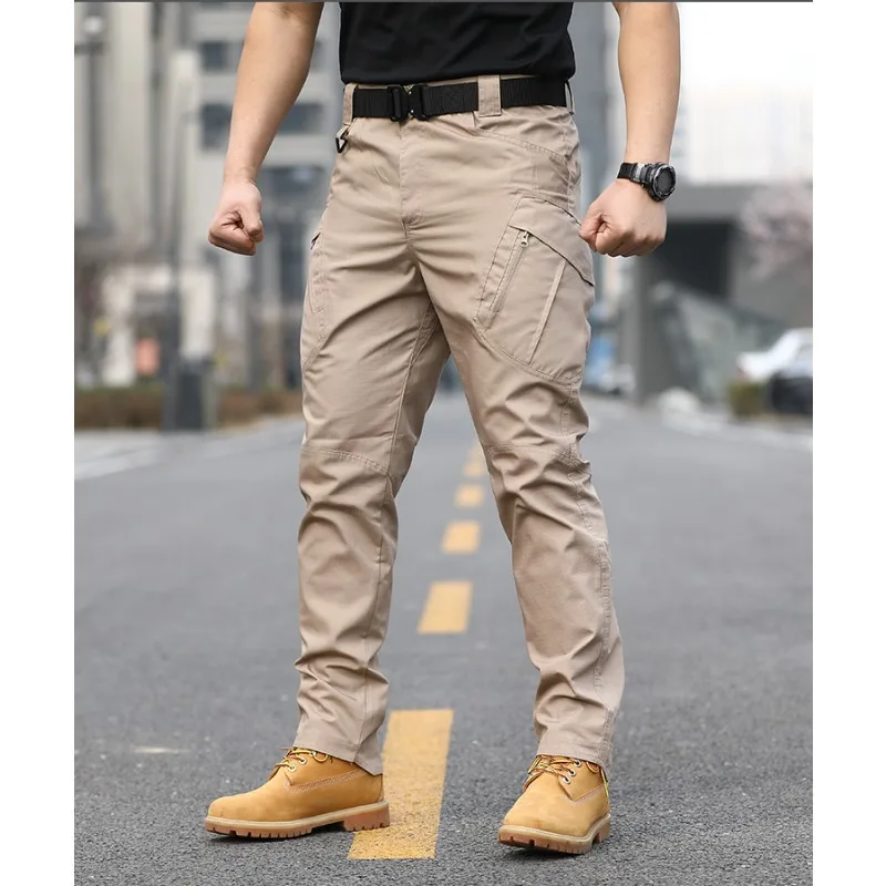 Men Rip Stop Tactical Cargo Pants Multi Zipper Pockets Wear Resistant Straight Leg Outdoor Hiking Work Trousers Utility Tactical