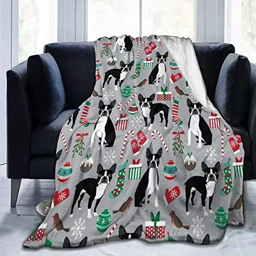 Blanket Boston Terrier Christmas Holiday Fleece Blanket Foldrable Throw Blanket Washable Couch Sofa Fuzzy Blanket Reversible