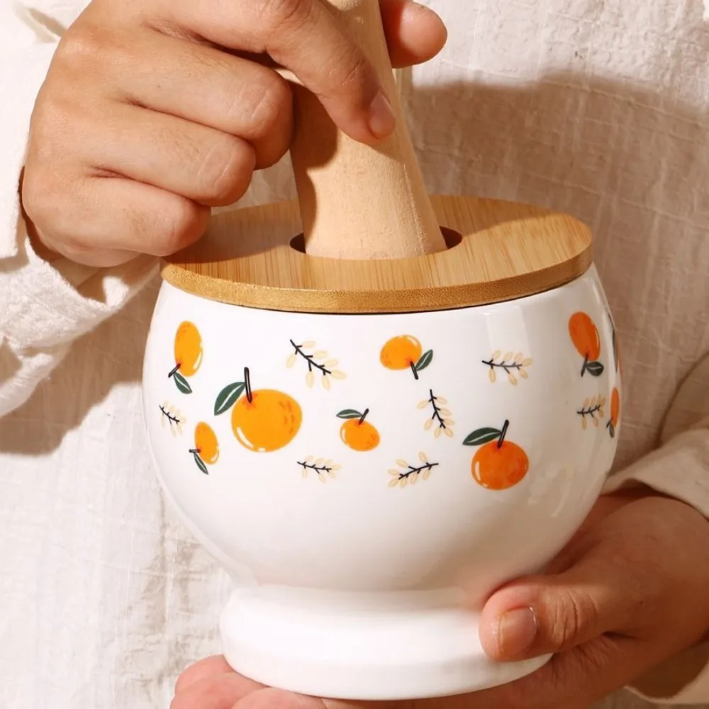 

Ceramic Ceramic Mortar Labor Saving Flower Pattern Garlic Mortar with Lid Internal Thread Garlic Masher Household