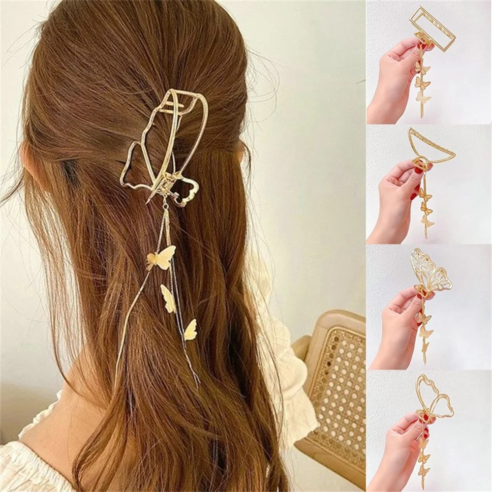 Temperament Hollow Butterfly Hair Claws Nonslip Elegent Golden Clips With Butterfly Tassel Hairband  Hair Accessories