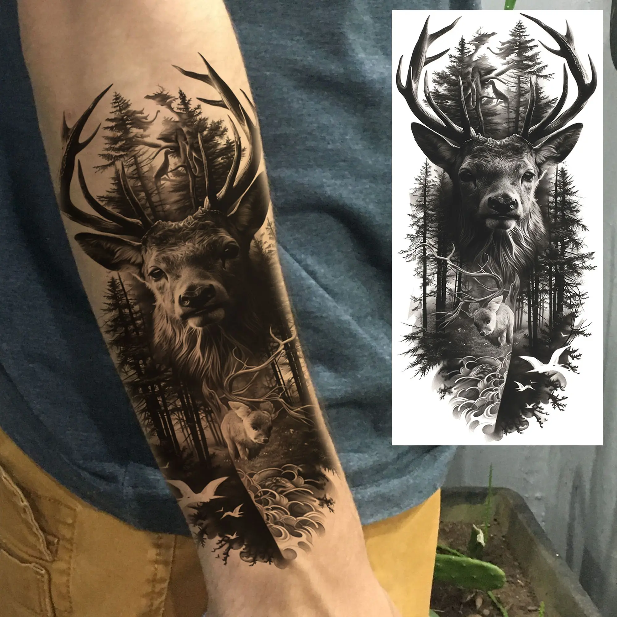 1 Sheet Creative Forest Moose Deer Birds Temporary Tattoos For Men Women Waterproof Long Lasting Realistic Fake Tattoo Stickers