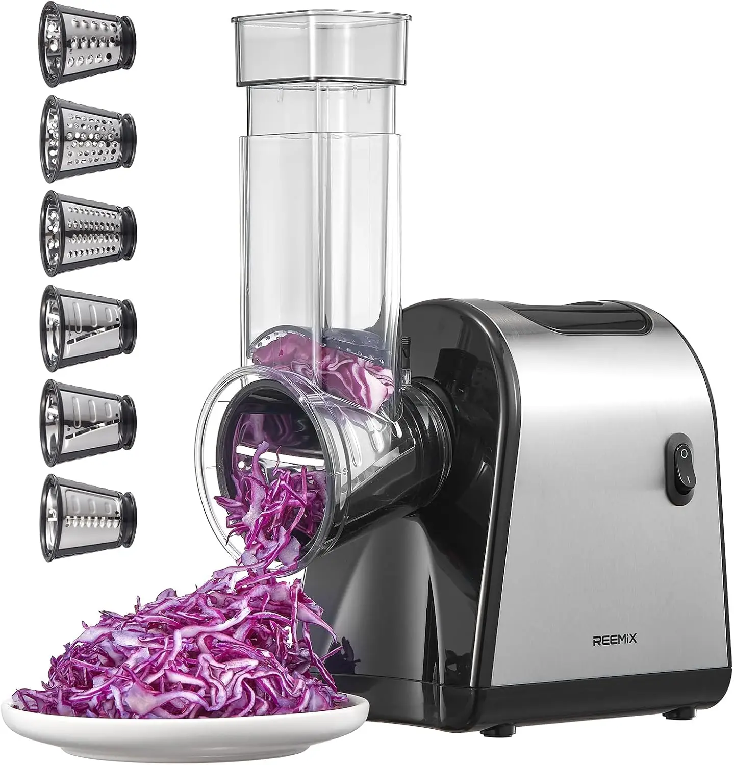 

Электрическая терка для сыра, электрическая терка для продуктов с 6 сменными лезвиями – нарезка, измельчение и очистка от кожуры | Нержавеющая сталь