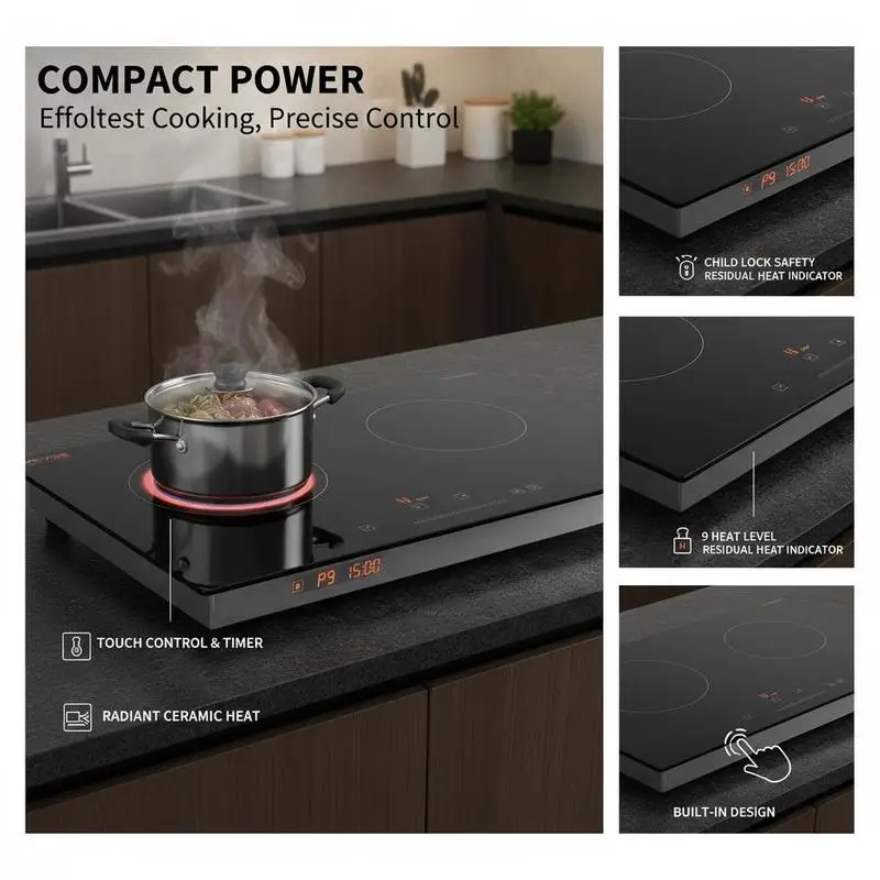 Ceramic Radiant Stove 24 Inch For Apartment Home Kitchen RV, 1800W Double Burners Built-in Glass Cooker Panel Touch Control Timer Child Lock 9 Heat Levels Residual Heat Indicator 120V