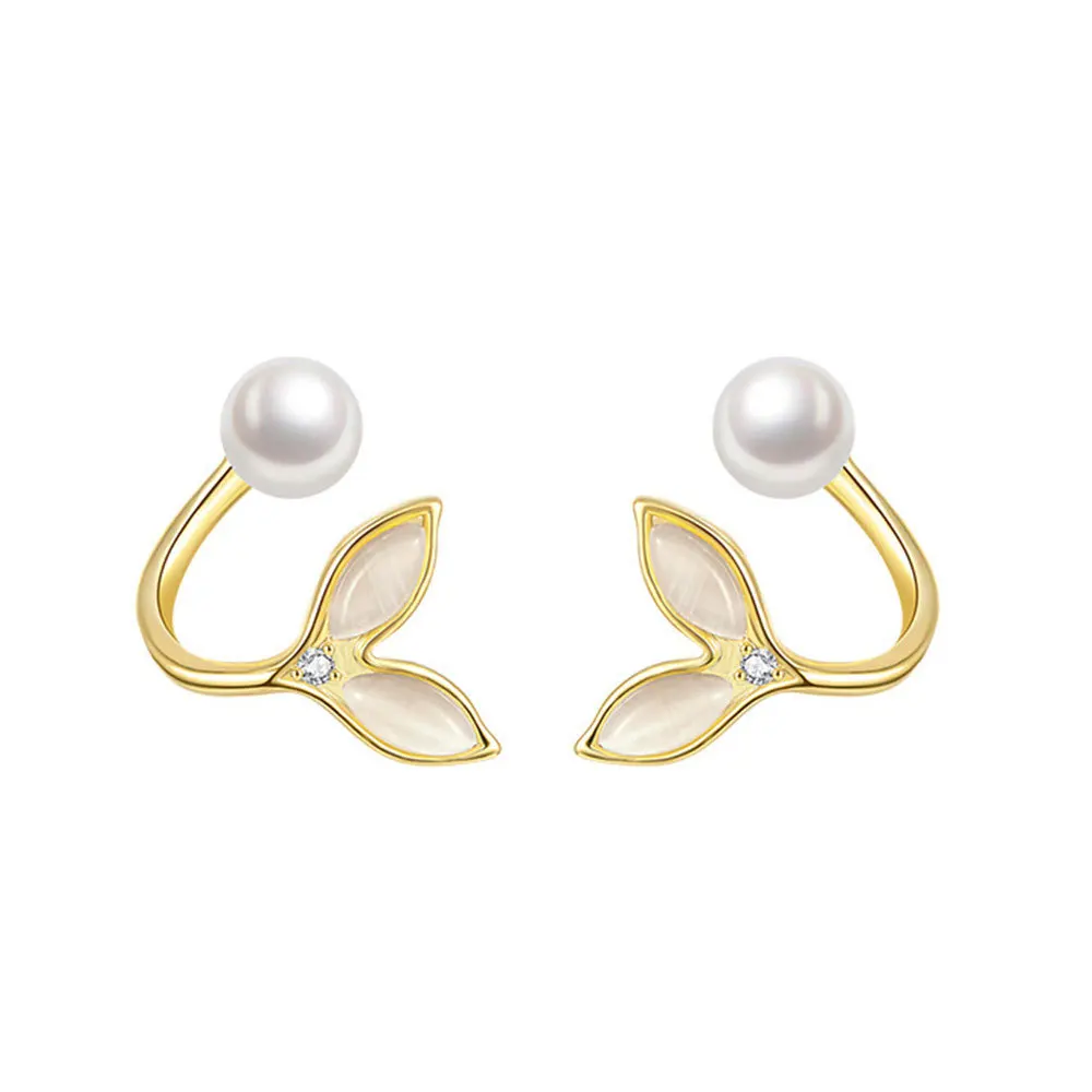 925 Sterling Silver Jewelry Luxury Crystal Fish Tail Pearl Stud Earrings for Women Wedding Party Jewelry for Girls Friend Gift