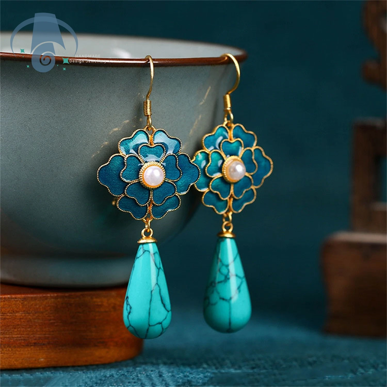 Ethnic Chinese Style Earrings Long Drop Hook for Women Natural Turquoise Stone Flower Design Handmade National Wind Fashion