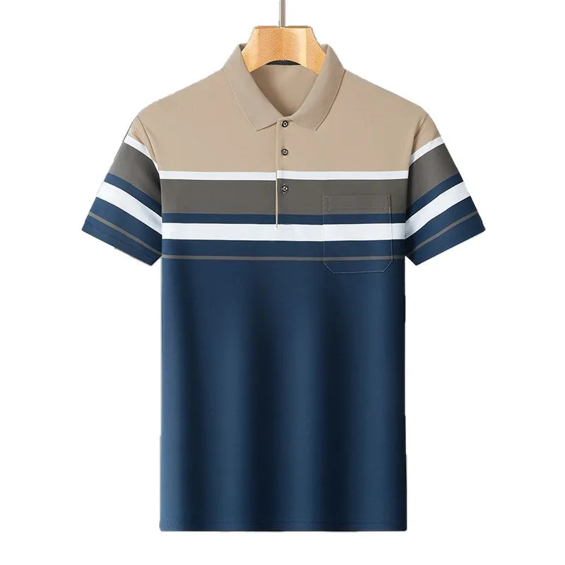 Men Business Casual Horizontal Striped Polo Shirt Short Sleeve Lapel Collar Chest Pocket Navy Beige Colorblock Daily Wear Tops