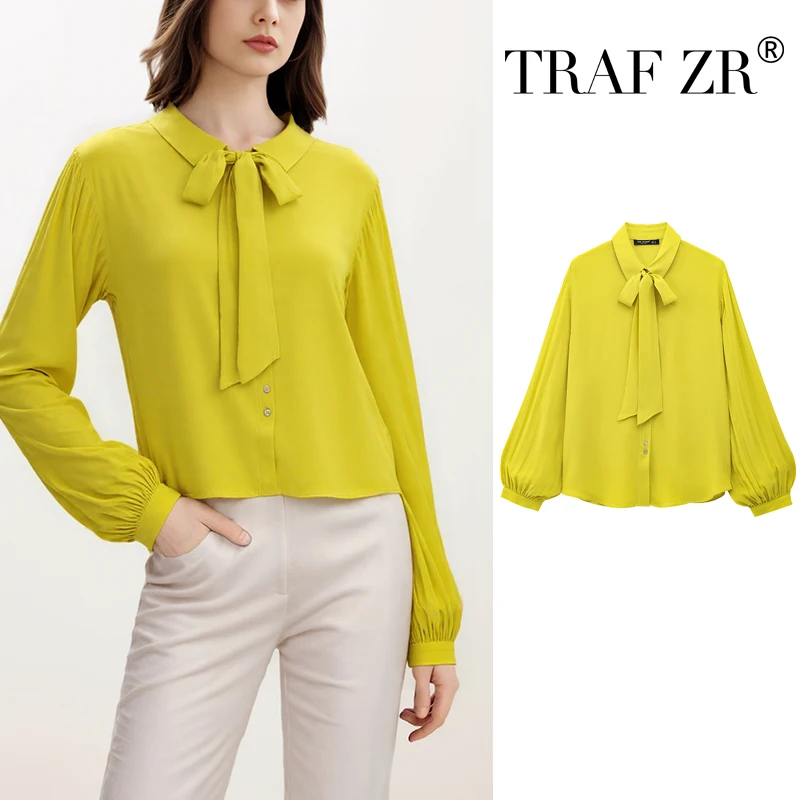 TRAF ZR Vintage Blouse Long Sleeve Shirt Fall Fashion Yellow Bow Blouse Elegant Women's Luxury Blouses Autumn Women's Shirt