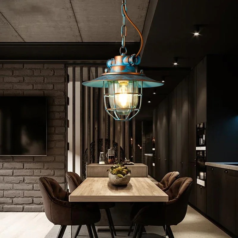 Vintage Glass Chandelier Loft American Waterproof Pendant Lamp Chain Metal Cage Retro Industrial Kitchen Droplight view 2