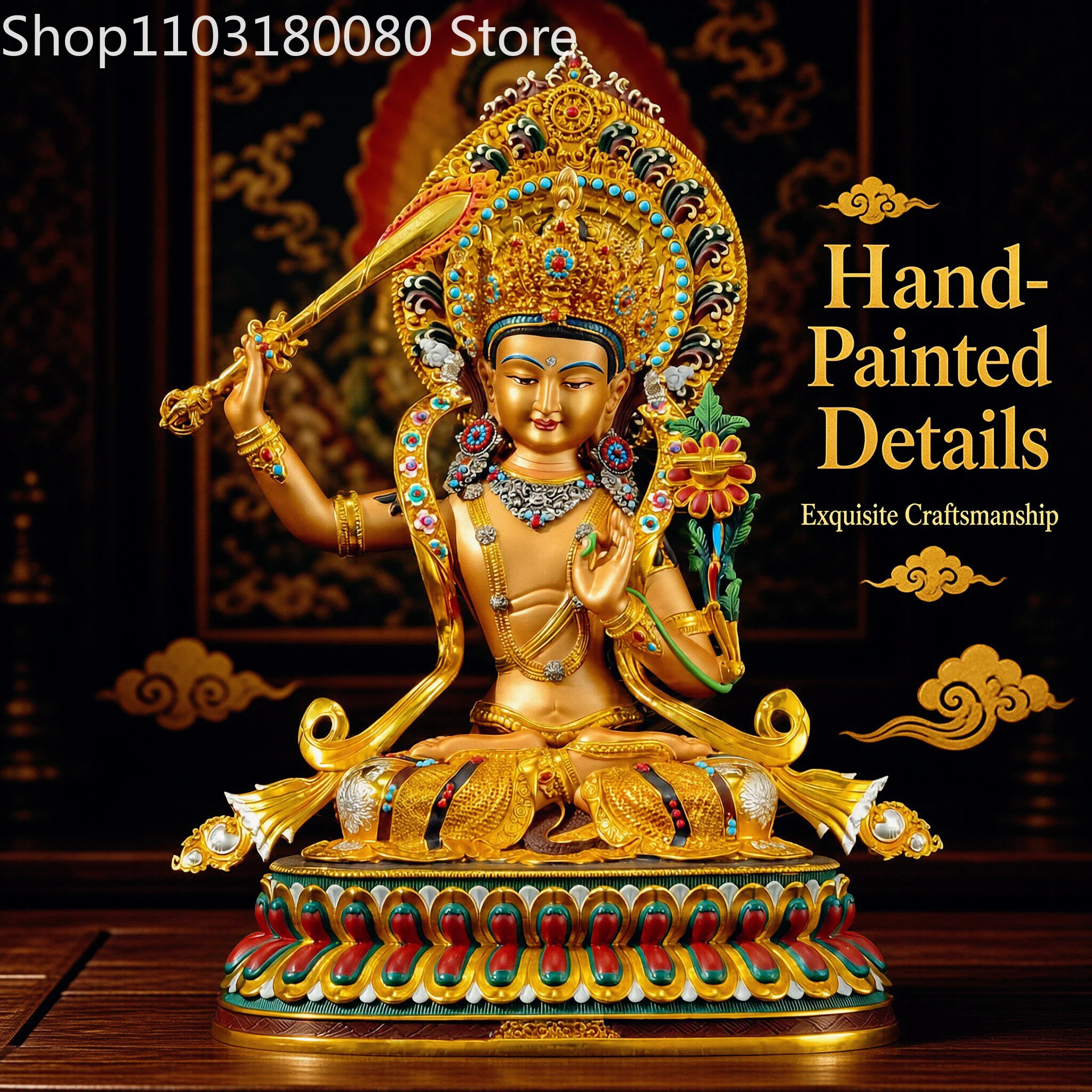 28cm Hand Painted Manjushri Bodhisattva Statue Copper Tibetan buddhism Manjusri Manjushree Wisdom Buddha Sculpture Altar